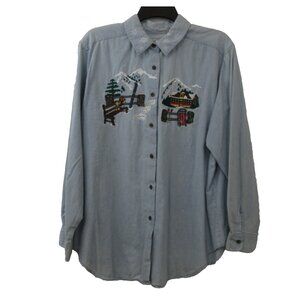 Karen Scott Shirt II Plus 1X Winter Ski Village Embroidered Denim Collar Button